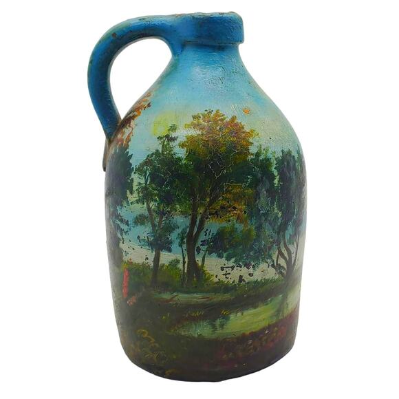 Antique Hand Painted Ceramic Jug Folk Art Landscape Pitcher Stoneware Primitive - Picture 1 of 10